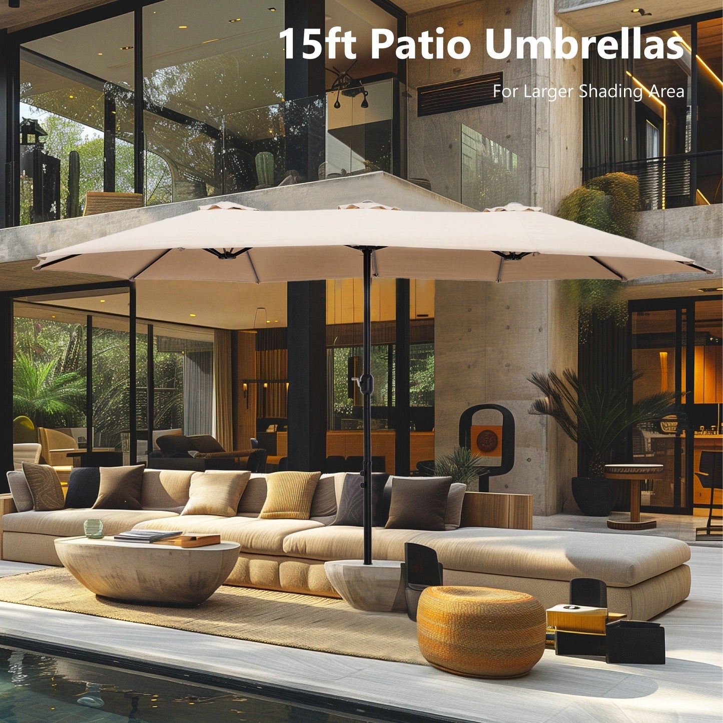 Parasol de jardin rectangulaire de 4,5 mètres à manivelle, double face, avec éclairage solaire LED, pour terrasse, avec socle inclus.