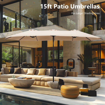 Parasol de jardin rectangulaire de 4,5 mètres à manivelle, double face, avec éclairage solaire LED, pour terrasse, avec socle inclus.