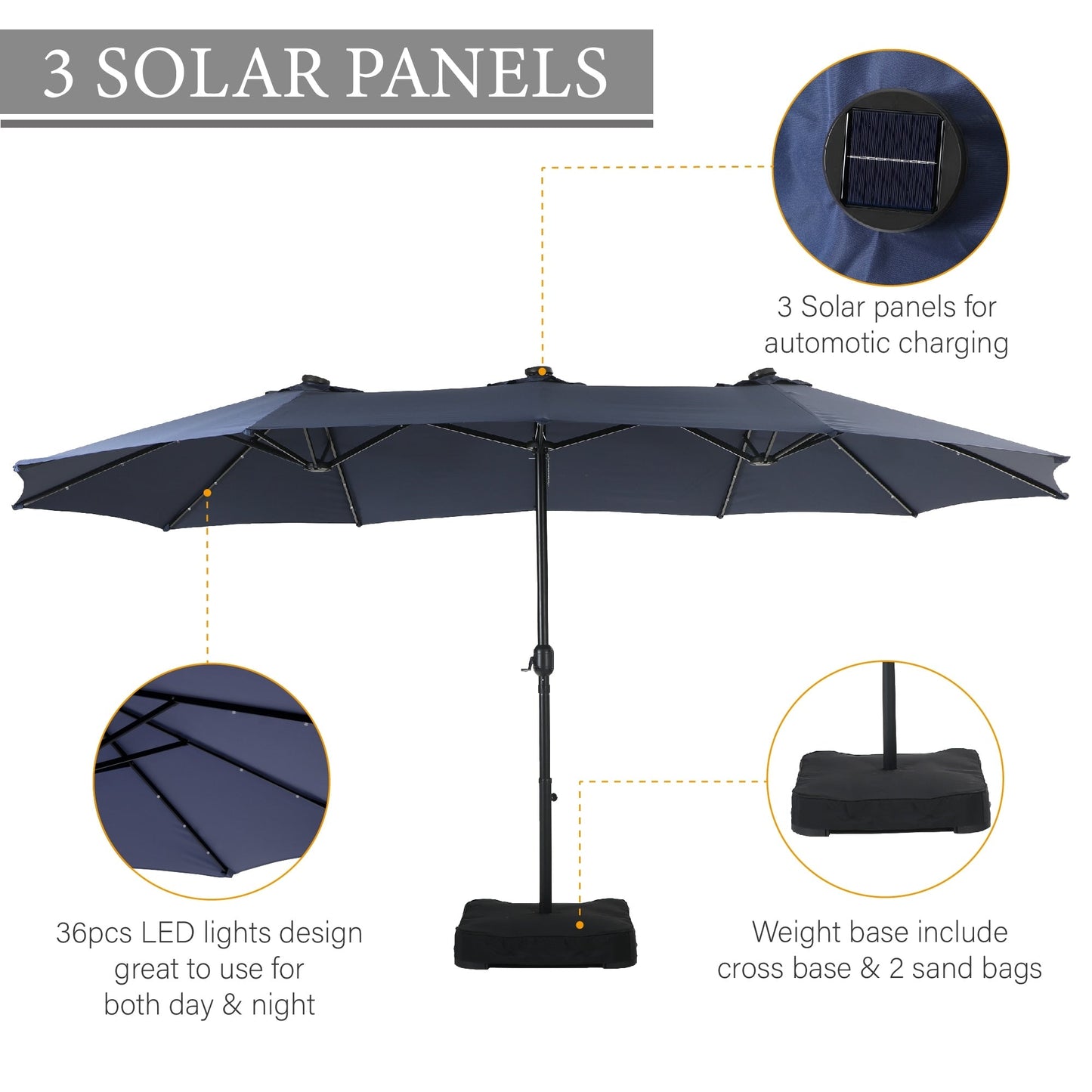 Parasol de jardin rectangulaire de 4,5 mètres à manivelle, double face, avec éclairage solaire LED, pour terrasse, avec socle inclus.