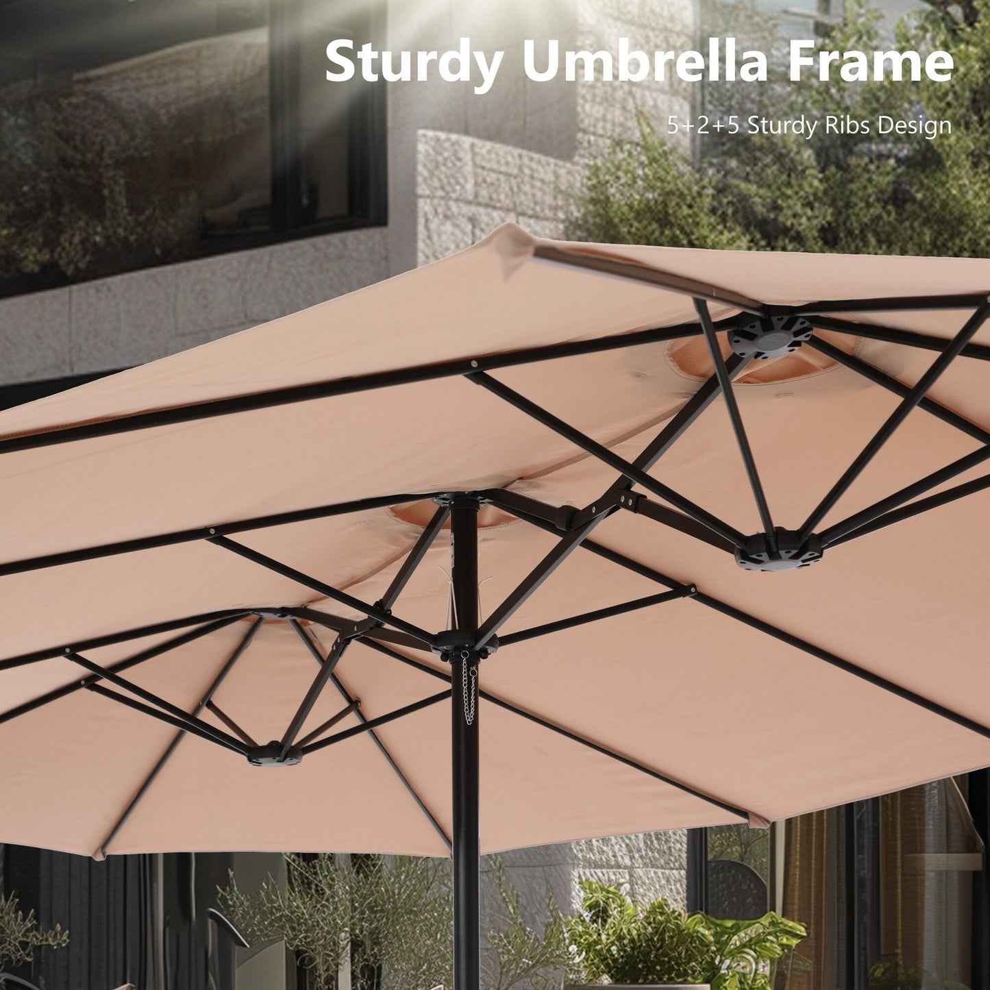 Parasol de jardin rectangulaire de 4,5 mètres à manivelle, double face, avec éclairage solaire LED, pour terrasse, avec socle inclus.