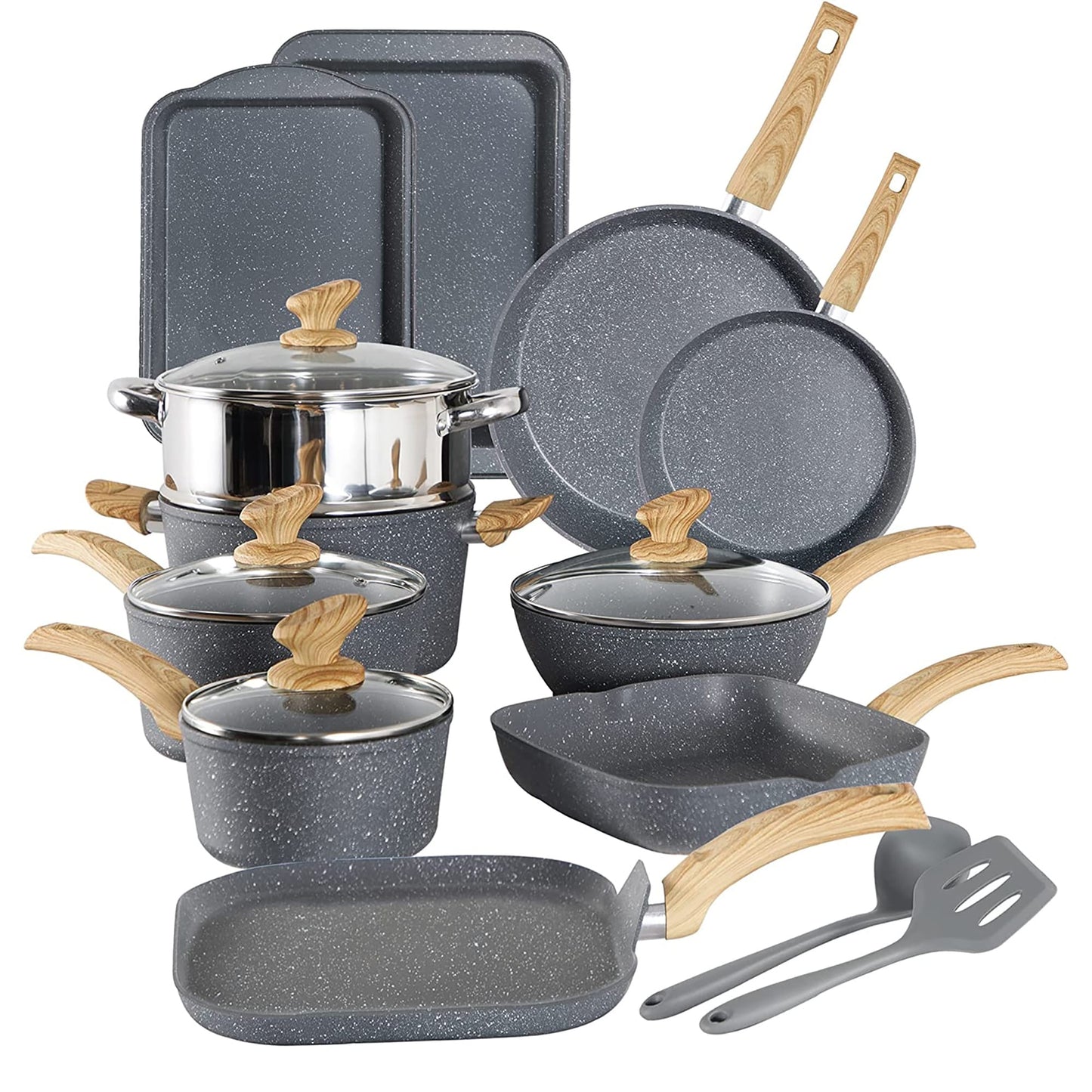 Ensemble de 17 pièces de cuisine en granit, ensemble de casseroles et de poêles antiadhésives.