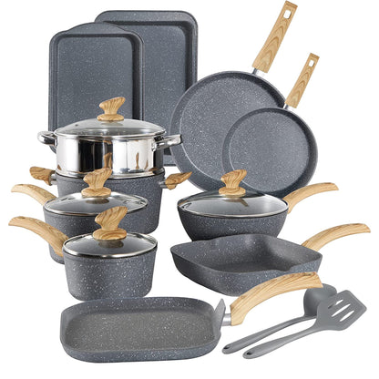 Ensemble de 17 pièces de cuisine en granit, ensemble de casseroles et de poêles antiadhésives.