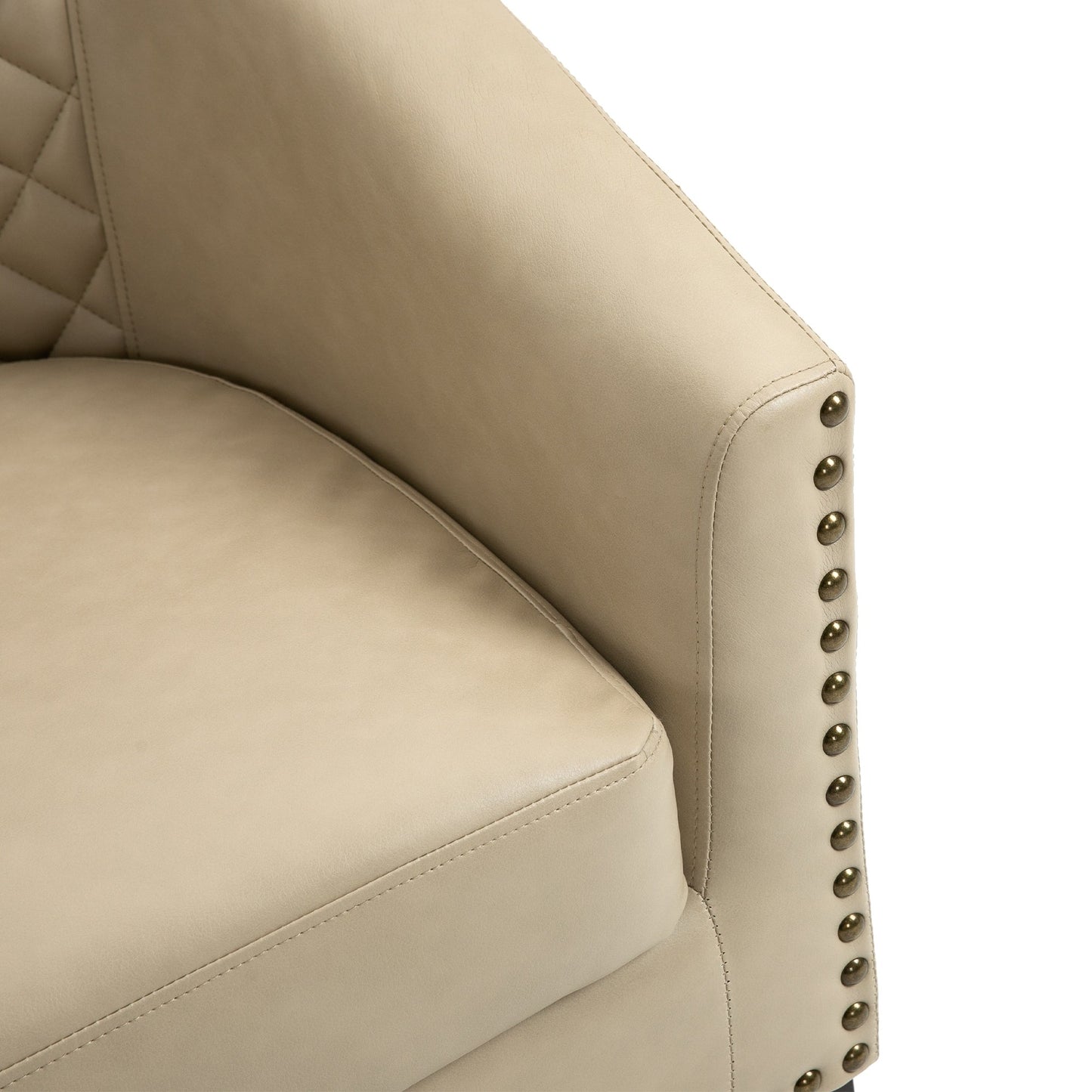 2 chaises d'appoint en cuir végétalien en forme de tonneau, 73,6 cm de large, avec garniture à clous.