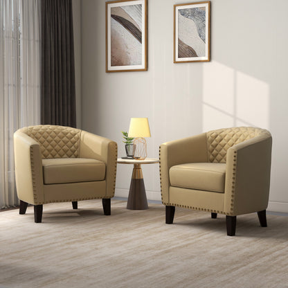 2 chaises d'appoint en cuir végétalien en forme de tonneau, 73,6 cm de large, avec garniture à clous.