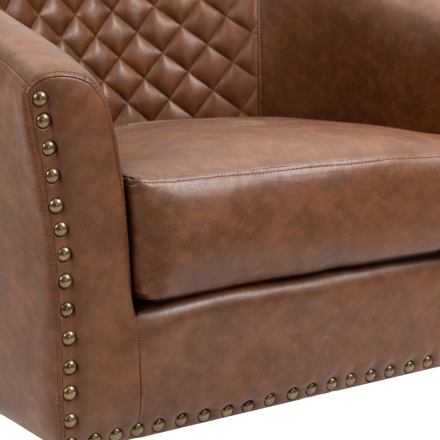 2 chaises d'appoint en cuir végétalien en forme de tonneau, 73,6 cm de large, avec garniture à clous.