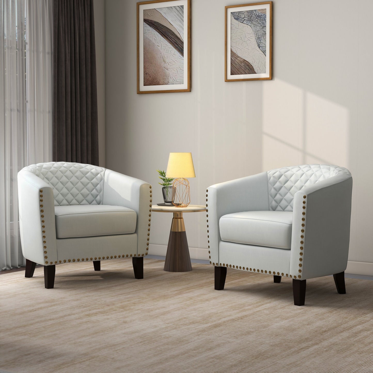 2 chaises d'appoint en cuir végétalien en forme de tonneau, 73,6 cm de large, avec garniture à clous.