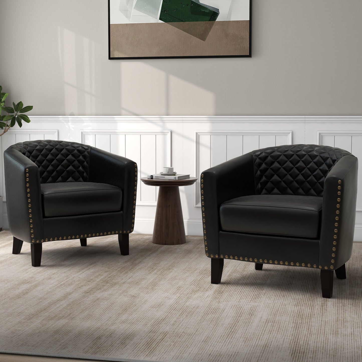 2 chaises d'appoint en cuir végétalien en forme de tonneau, 73,6 cm de large, avec garniture à clous.