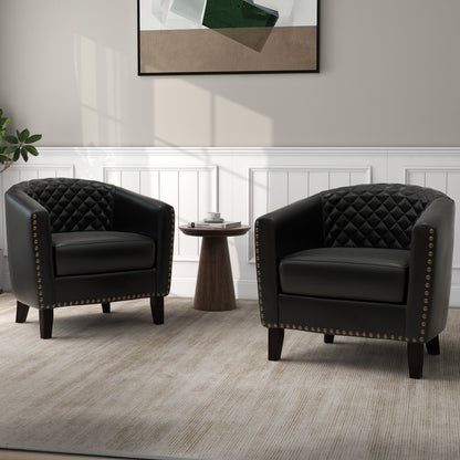 2 chaises d'appoint en cuir végétalien en forme de tonneau, 73,6 cm de large, avec garniture à clous.