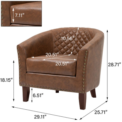 2 chaises d'appoint en cuir végétalien en forme de tonneau, 73,6 cm de large, avec garniture à clous.