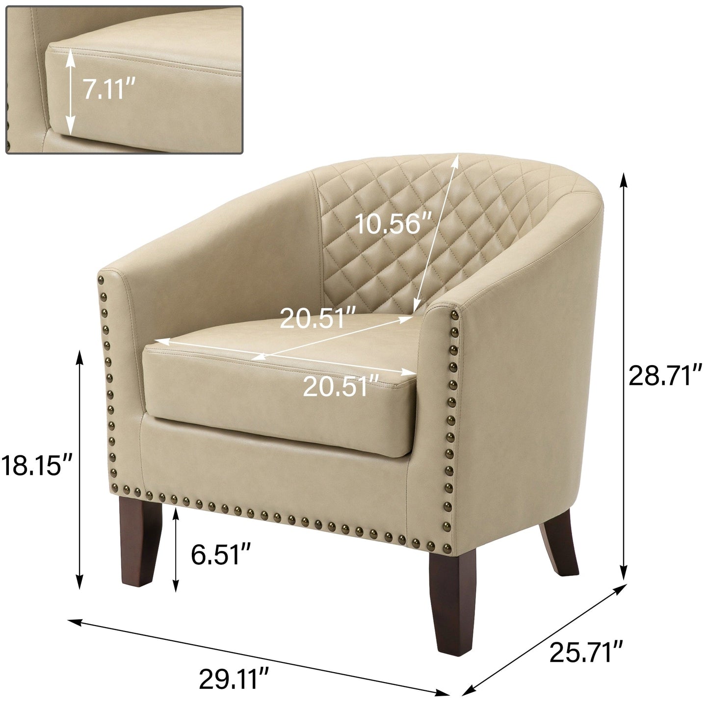 2 chaises d'appoint en cuir végétalien en forme de tonneau, 73,6 cm de large, avec garniture à clous.
