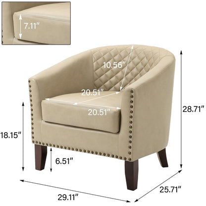 2 chaises d'appoint en cuir végétalien en forme de tonneau, 73,6 cm de large, avec garniture à clous.