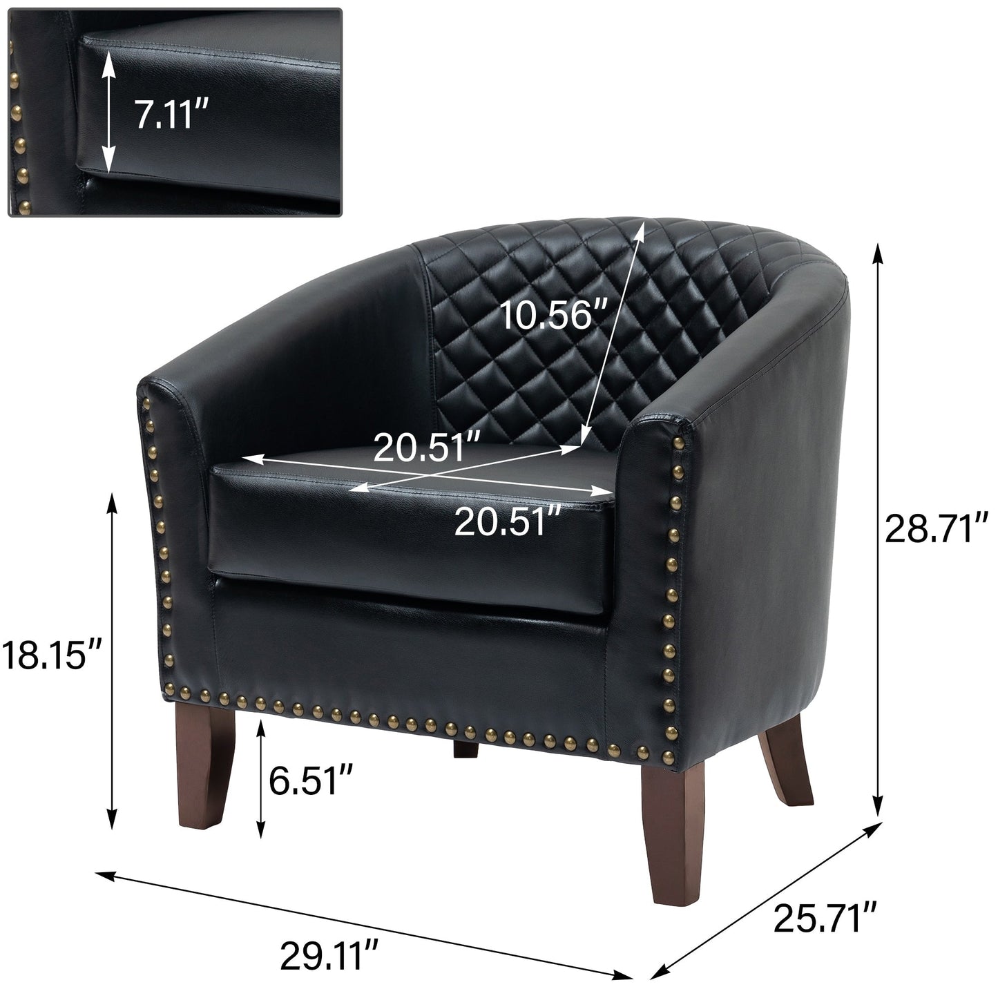 2 chaises d'appoint en cuir végétalien en forme de tonneau, 73,6 cm de large, avec garniture à clous.