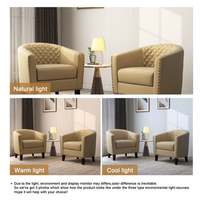2 chaises d'appoint en cuir végétalien en forme de tonneau, 73,6 cm de large, avec garniture à clous.