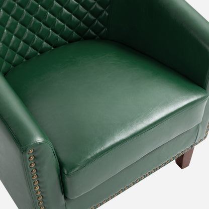 2 chaises d'appoint en cuir végétalien en forme de tonneau, 73,6 cm de large, avec garniture à clous.