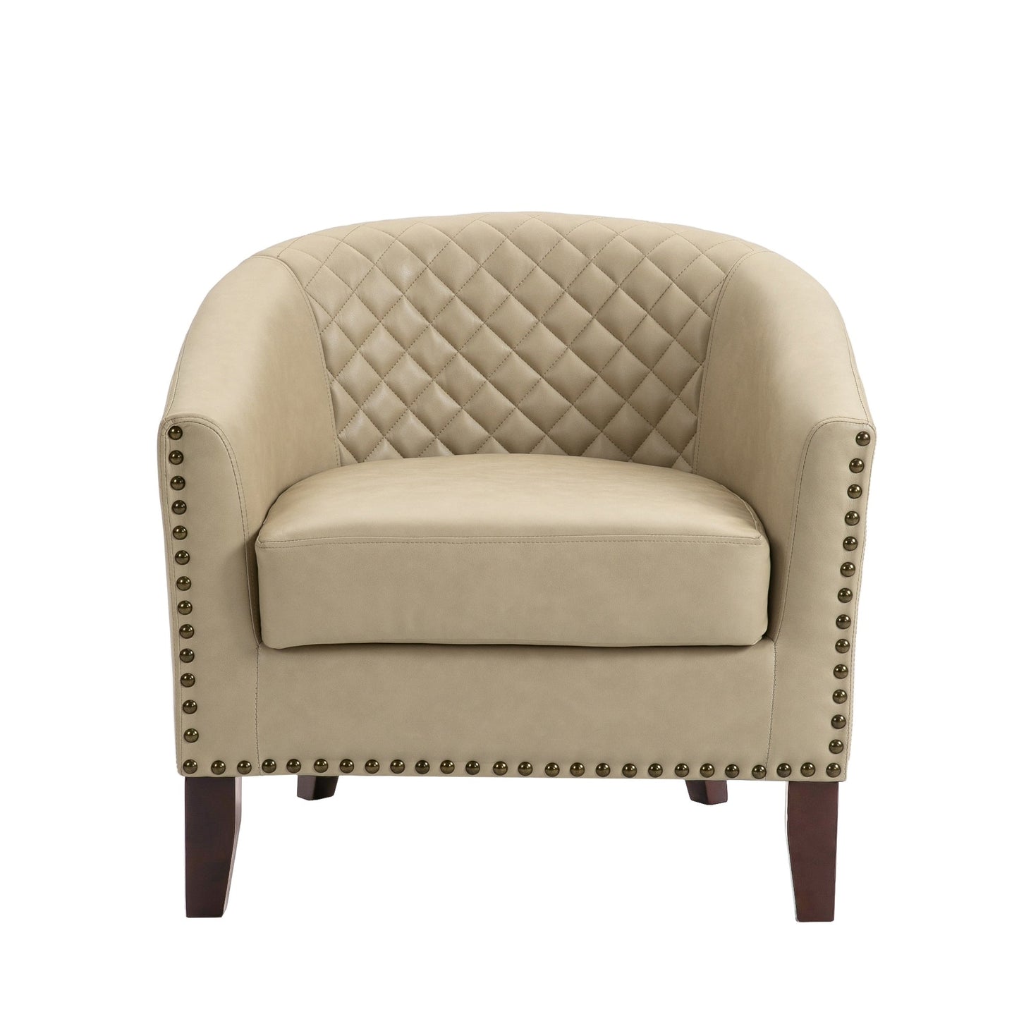 2 chaises d'appoint en cuir végétalien en forme de tonneau, 73,6 cm de large, avec garniture à clous.