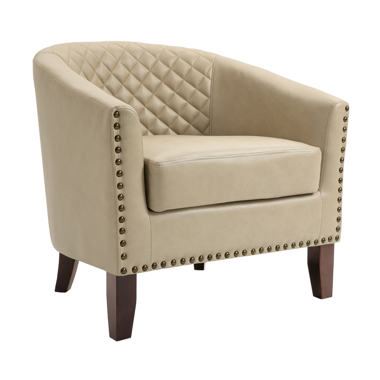 2 chaises d'appoint en cuir végétalien en forme de tonneau, 73,6 cm de large, avec garniture à clous.