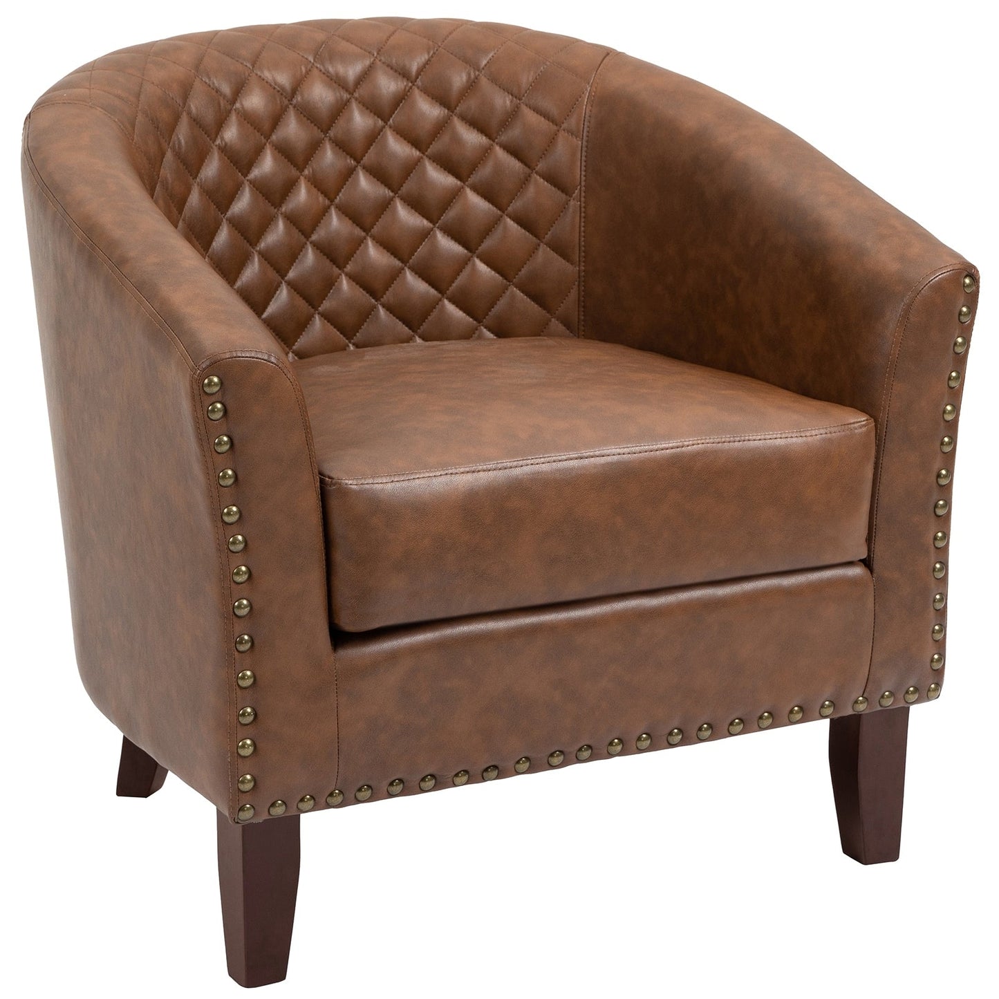2 chaises d'appoint en cuir végétalien en forme de tonneau, 73,6 cm de large, avec garniture à clous.