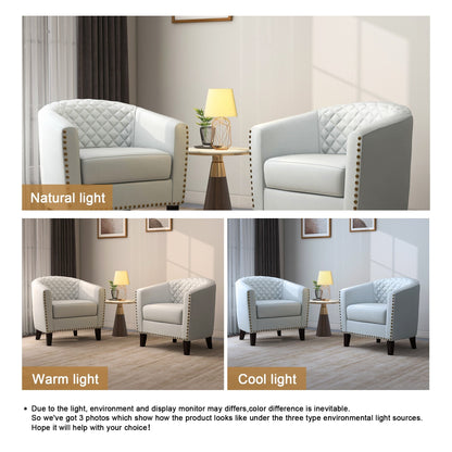 2 chaises d'appoint en cuir végétalien en forme de tonneau, 73,6 cm de large, avec garniture à clous.
