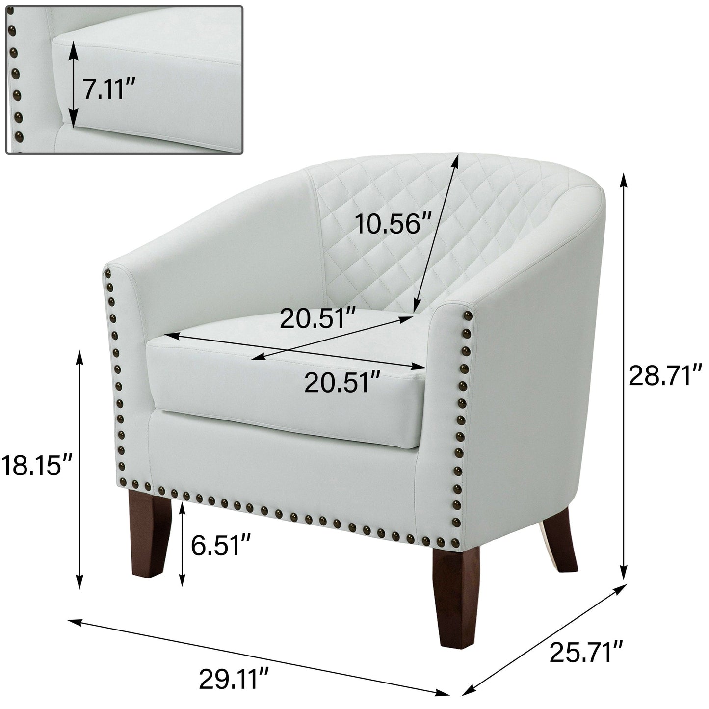 2 chaises d'appoint en cuir végétalien en forme de tonneau, 73,6 cm de large, avec garniture à clous.