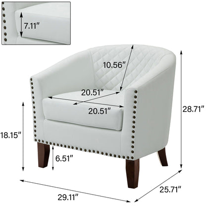 2 chaises d'appoint en cuir végétalien en forme de tonneau, 73,6 cm de large, avec garniture à clous.