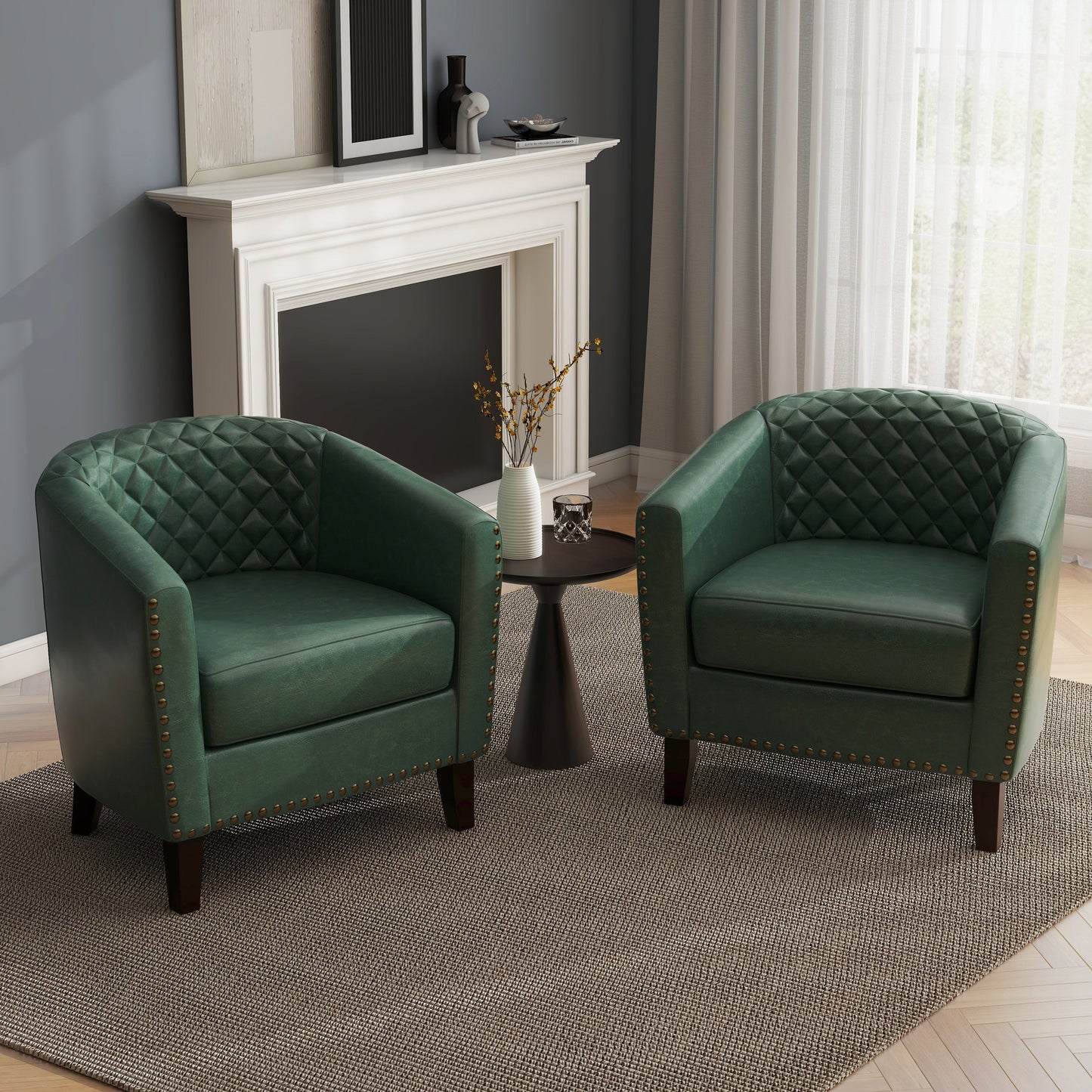 2 chaises d'appoint en cuir végétalien en forme de tonneau, 73,6 cm de large, avec garniture à clous.