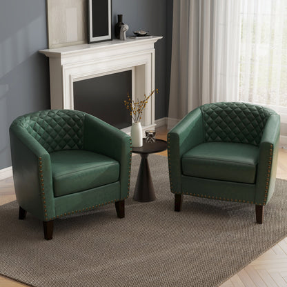 2 chaises d'appoint en cuir végétalien en forme de tonneau, 73,6 cm de large, avec garniture à clous.