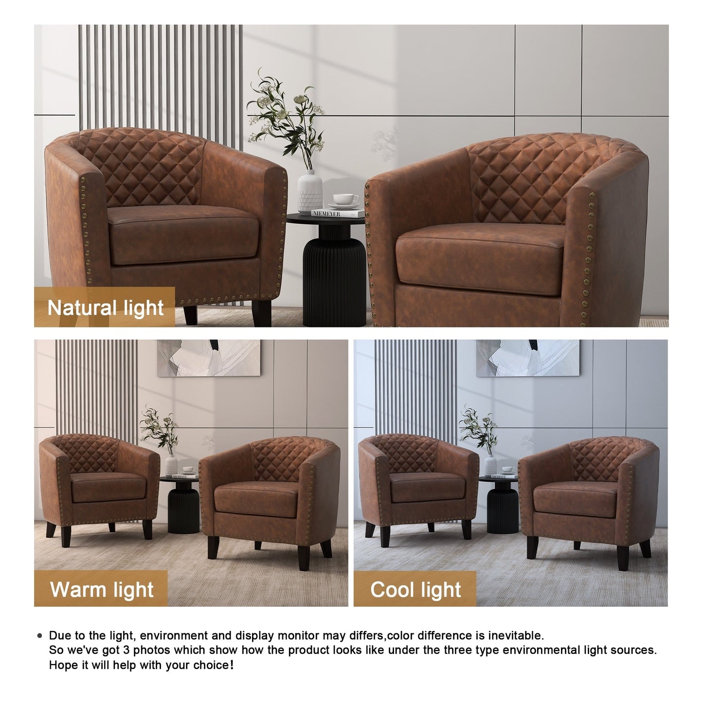 2 chaises d'appoint en cuir végétalien en forme de tonneau, 73,6 cm de large, avec garniture à clous.