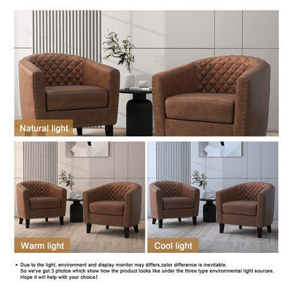 2 chaises d'appoint en cuir végétalien en forme de tonneau, 73,6 cm de large, avec garniture à clous.