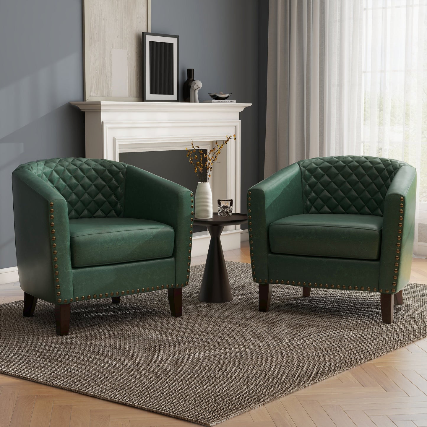 2 chaises d'appoint en cuir végétalien en forme de tonneau, 73,6 cm de large, avec garniture à clous.