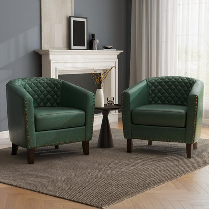 2 chaises d'appoint en cuir végétalien en forme de tonneau, 73,6 cm de large, avec garniture à clous.