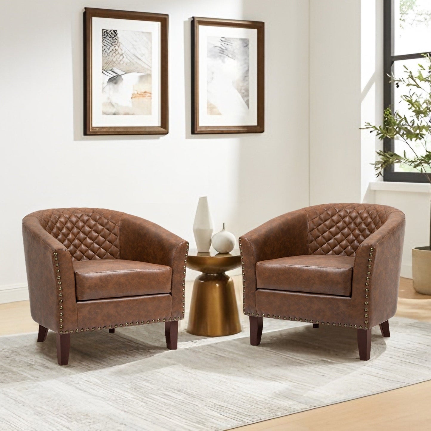 2 chaises d'appoint en cuir végétalien en forme de tonneau, 73,6 cm de large, avec garniture à clous.