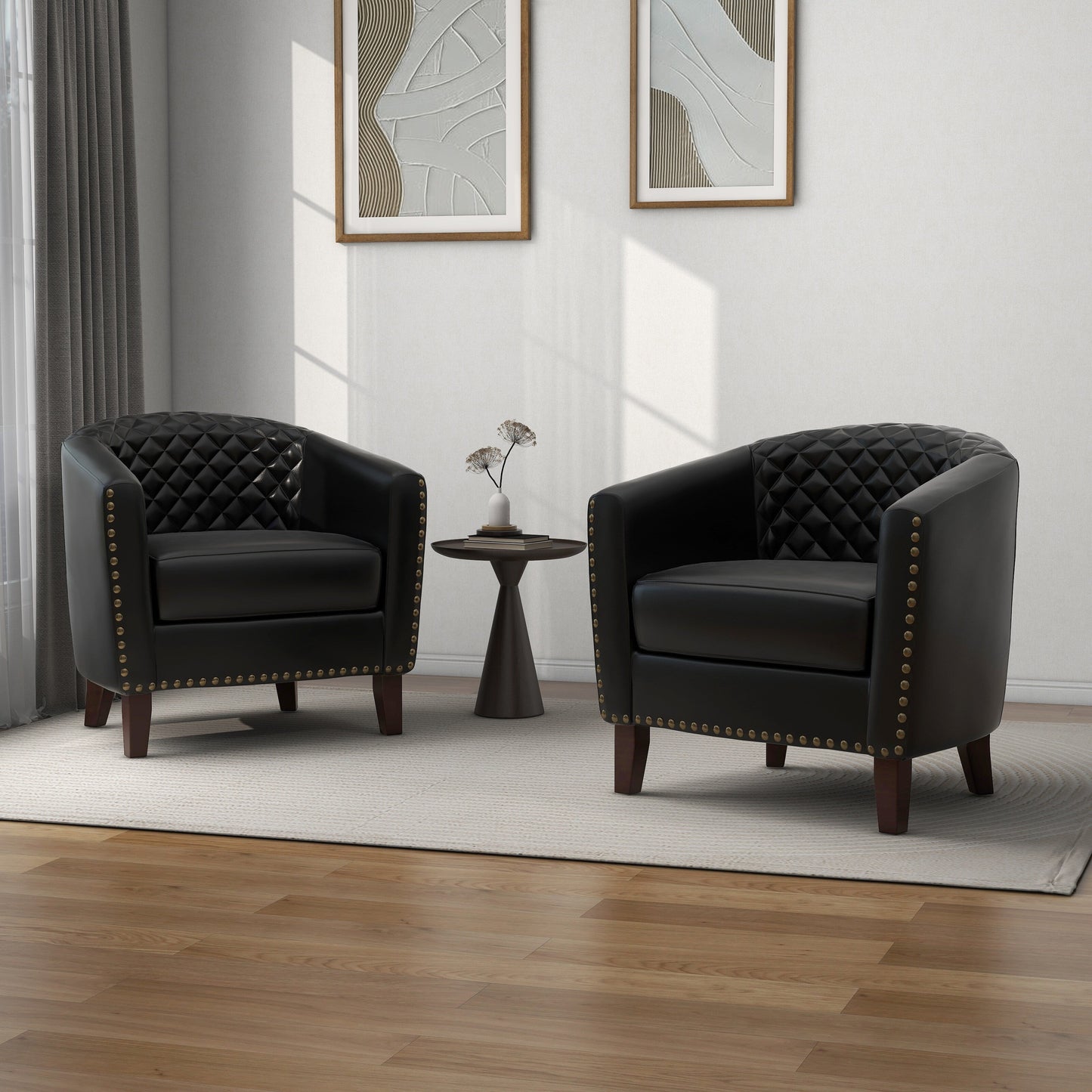 2 chaises d'appoint en cuir végétalien en forme de tonneau, 73,6 cm de large, avec garniture à clous.