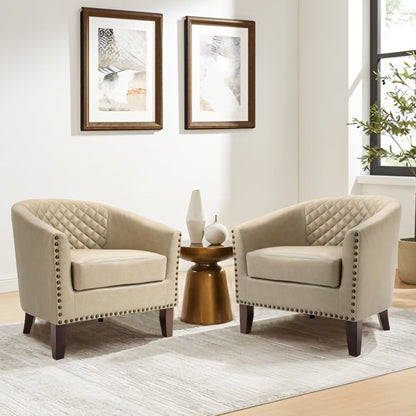 2 chaises d'appoint en cuir végétalien en forme de tonneau, 73,6 cm de large, avec garniture à clous.