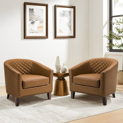 2 chaises d'appoint en cuir végétalien en forme de tonneau, 73,6 cm de large, avec garniture à clous.