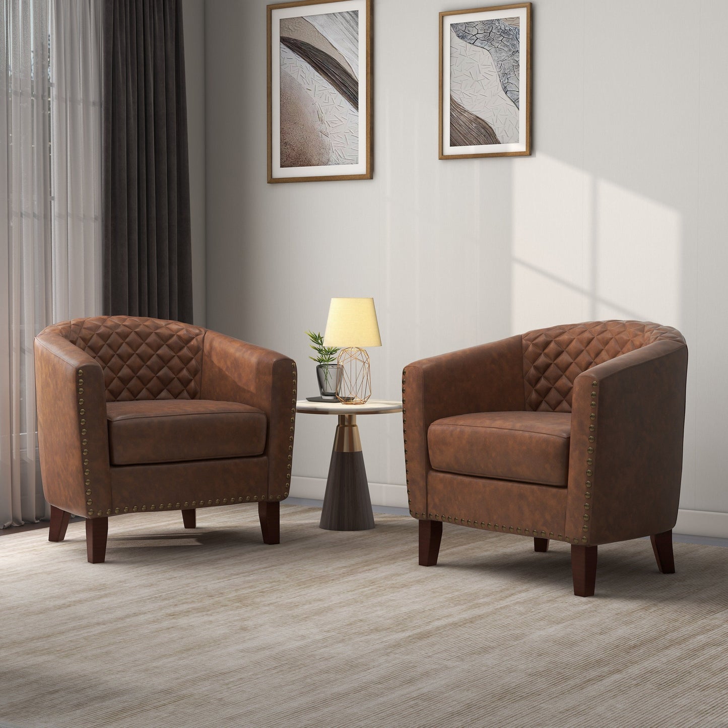 2 chaises d'appoint en cuir végétalien en forme de tonneau, 73,6 cm de large, avec garniture à clous.