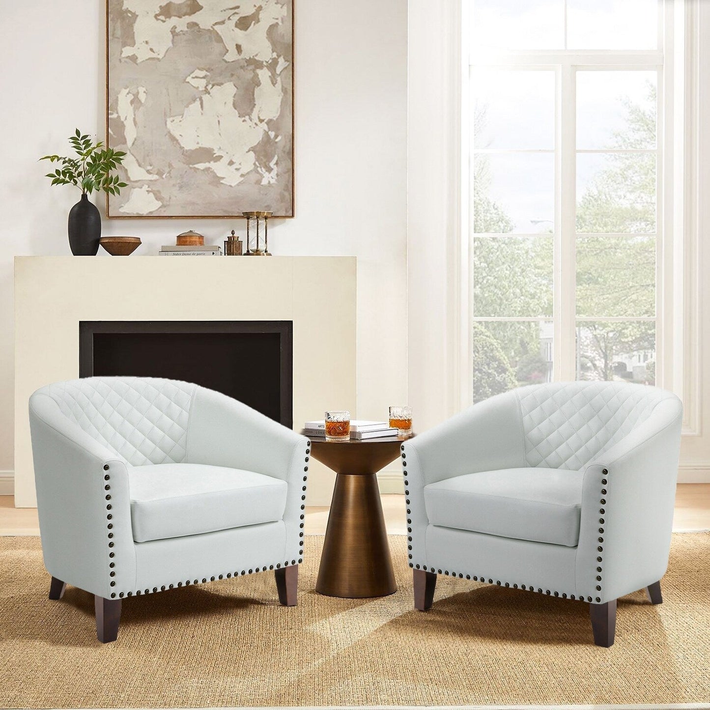 2 chaises d'appoint en cuir végétalien en forme de tonneau, 73,6 cm de large, avec garniture à clous.