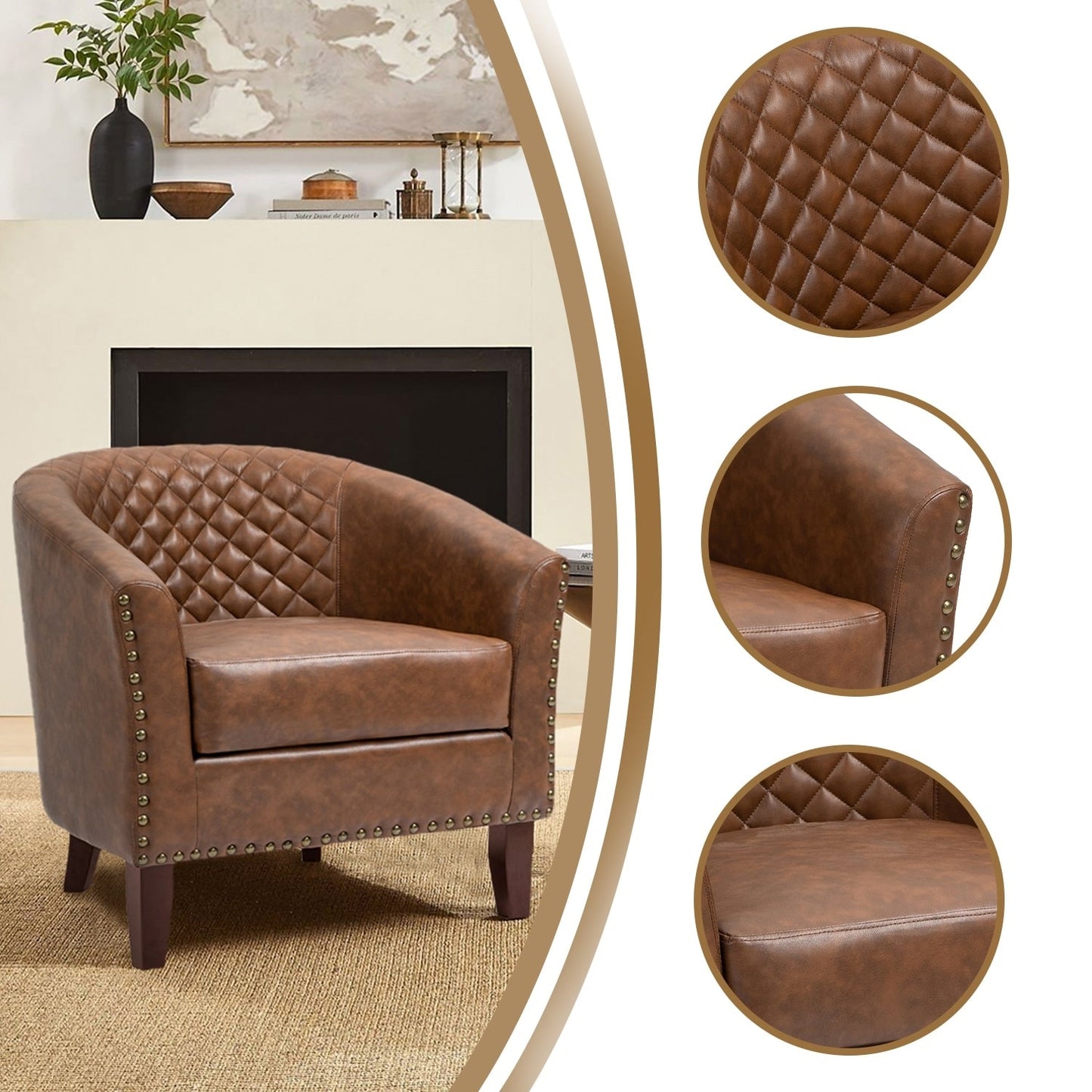 2 chaises d'appoint en cuir végétalien en forme de tonneau, 73,6 cm de large, avec garniture à clous.