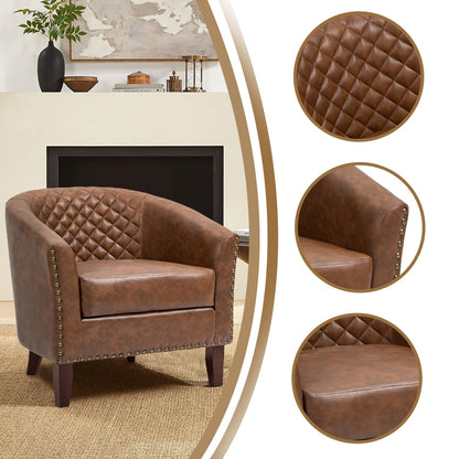 2 chaises d'appoint en cuir végétalien en forme de tonneau, 73,6 cm de large, avec garniture à clous.