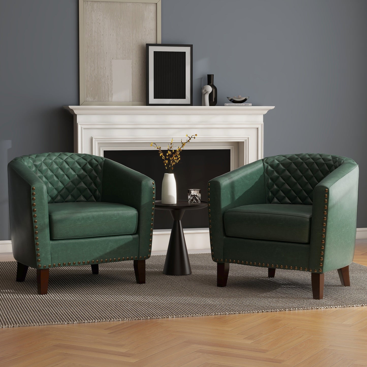 2 chaises d'appoint en cuir végétalien en forme de tonneau, 73,6 cm de large, avec garniture à clous.