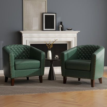 2 chaises d'appoint en cuir végétalien en forme de tonneau, 73,6 cm de large, avec garniture à clous.