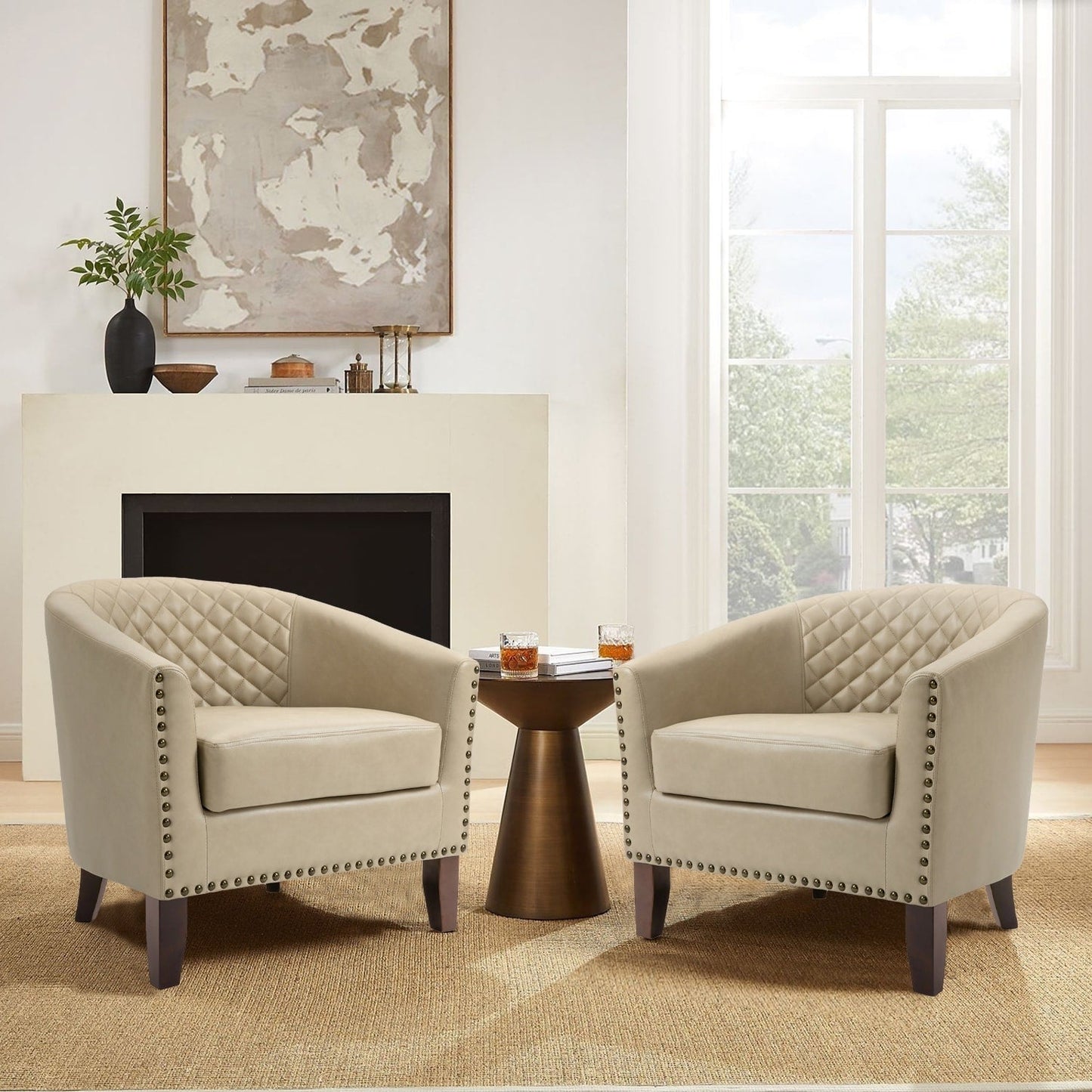 2 chaises d'appoint en cuir végétalien en forme de tonneau, 73,6 cm de large, avec garniture à clous.