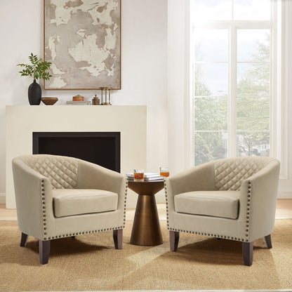 2 chaises d'appoint en cuir végétalien en forme de tonneau, 73,6 cm de large, avec garniture à clous.