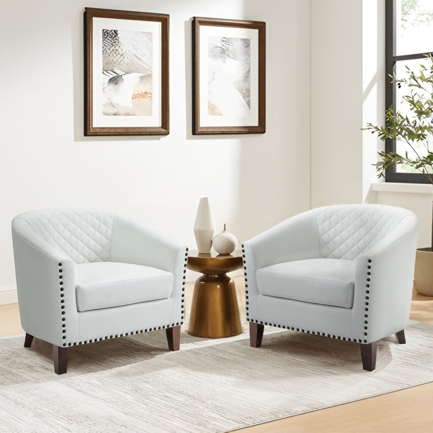 2 chaises d'appoint en cuir végétalien en forme de tonneau, 73,6 cm de large, avec garniture à clous.