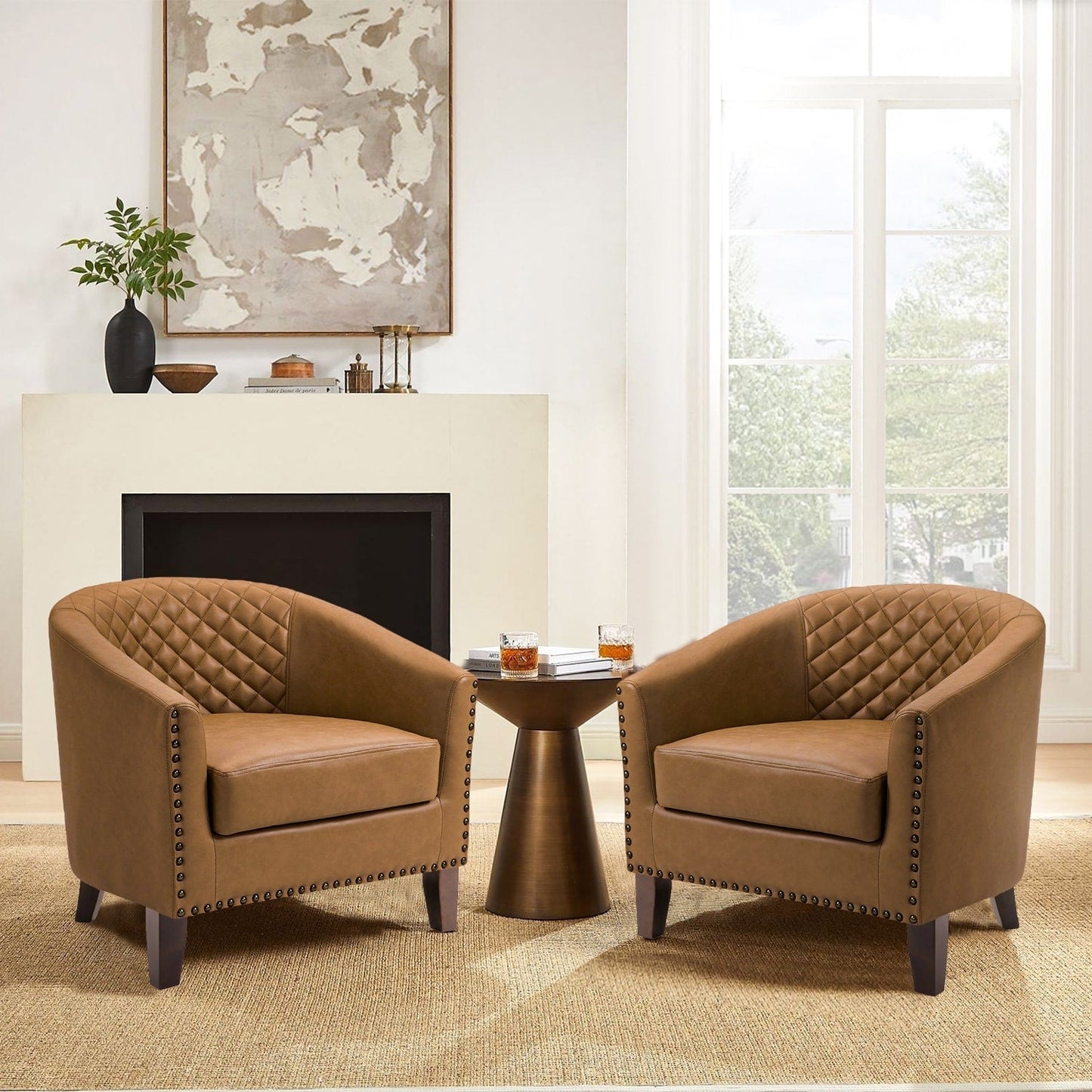 2 chaises d'appoint en cuir végétalien en forme de tonneau, 73,6 cm de large, avec garniture à clous.