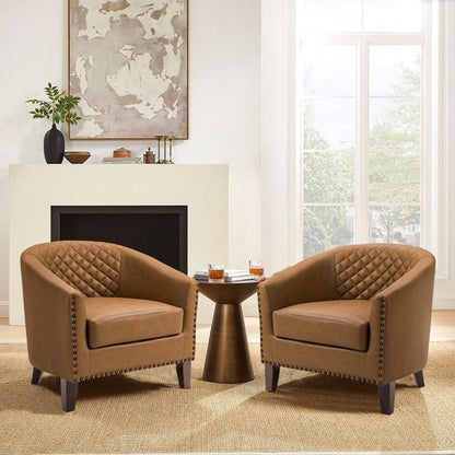 2 chaises d'appoint en cuir végétalien en forme de tonneau, 73,6 cm de large, avec garniture à clous.