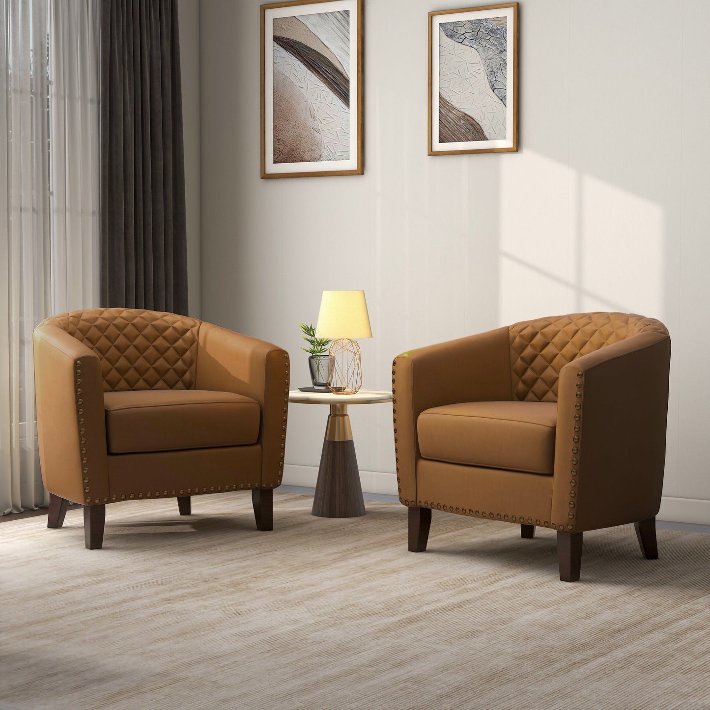 2 chaises d'appoint en cuir végétalien en forme de tonneau, 73,6 cm de large, avec garniture à clous.