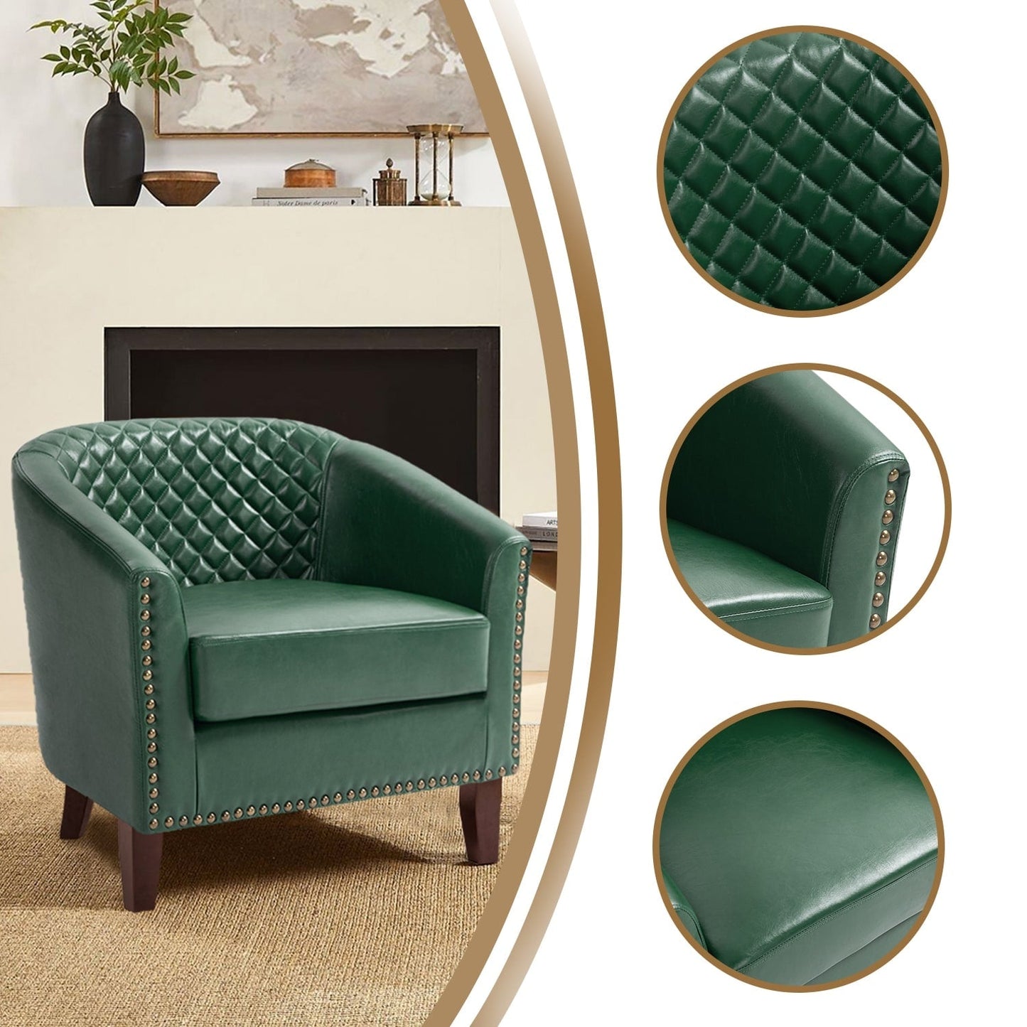 2 chaises d'appoint en cuir végétalien en forme de tonneau, 73,6 cm de large, avec garniture à clous.