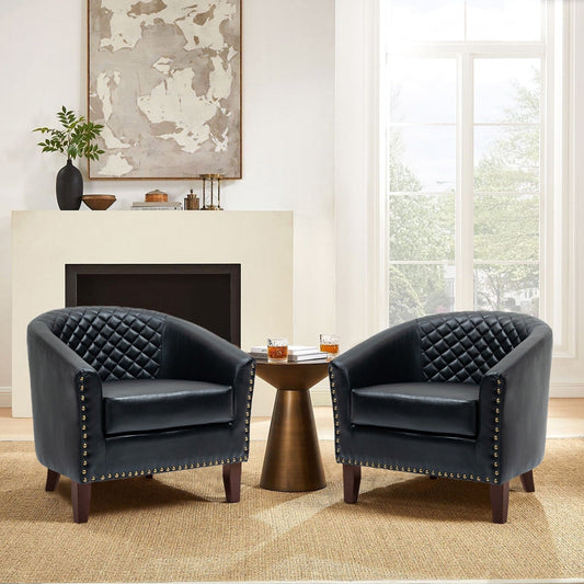 2 chaises d'appoint en cuir végétalien en forme de tonneau, 73,6 cm de large, avec garniture à clous.