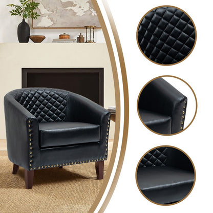 2 chaises d'appoint en cuir végétalien en forme de tonneau, 73,6 cm de large, avec garniture à clous.
