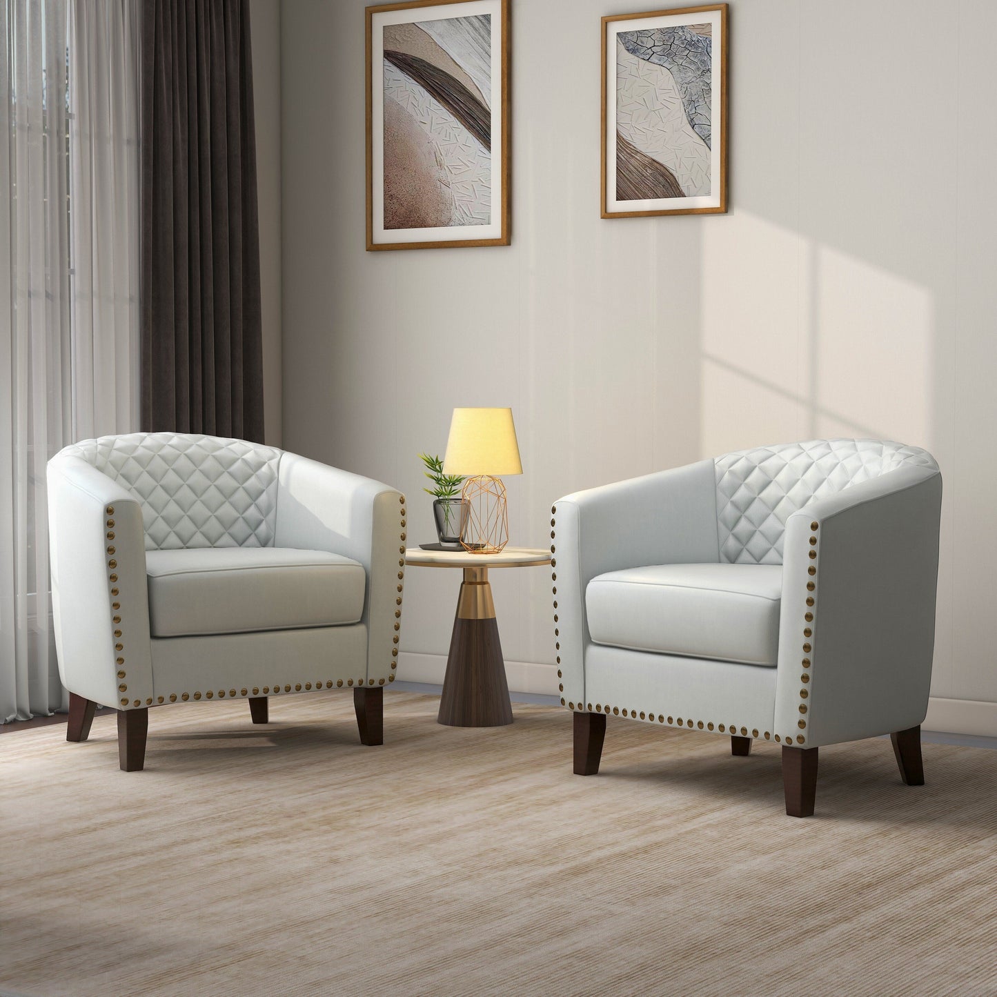 2 chaises d'appoint en cuir végétalien en forme de tonneau, 73,6 cm de large, avec garniture à clous.